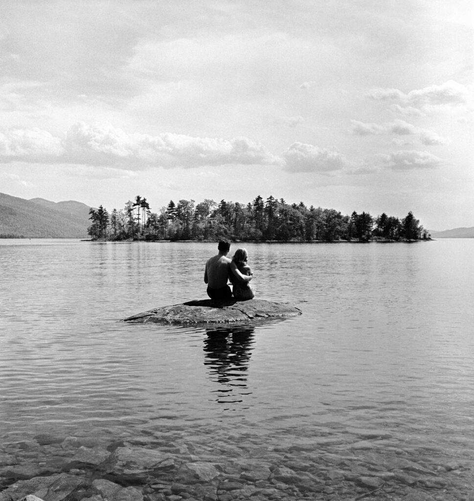 A young couple enjoyed a Lake George vacation in a Nina Leen photo entitled "Private Island," 1941.