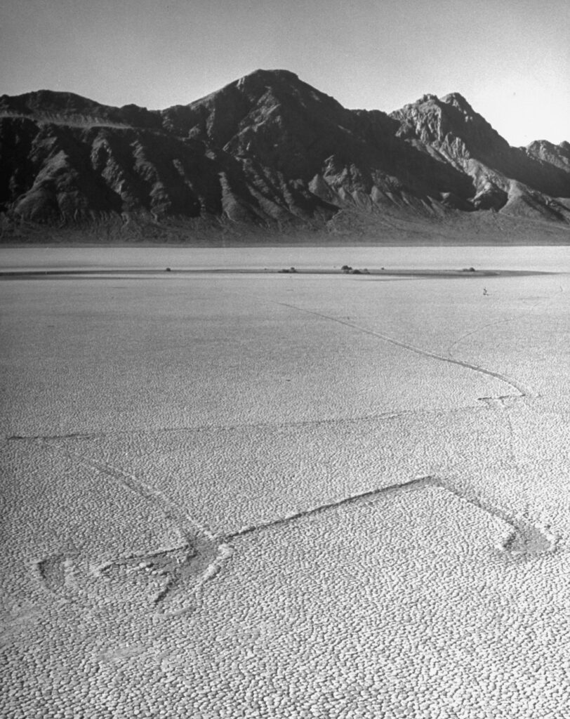 A small stone left these intricate tracks on the Racetrack Playa in Death Valley, California, 1952.