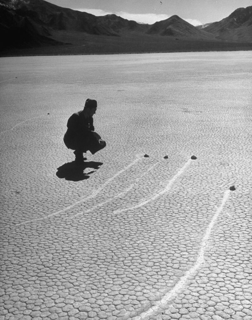 LIFE's 1952 story on the sailing stones of Racetrack Playa in Death Valley included this photo of stone-like objects described as "burro droppings" that had likely been moved by the same forces as the stones.