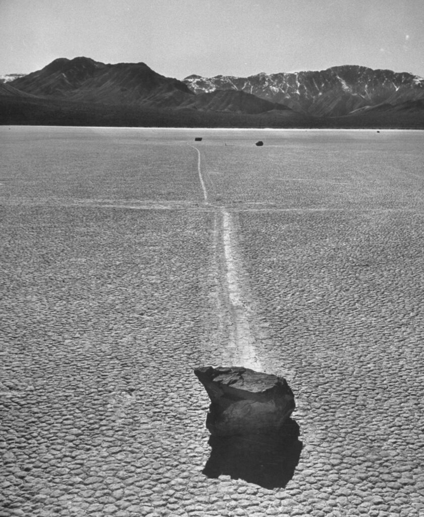 This three-quarter-ton stone left its mark after moving across a dry lake bed in Death Valley, 1952.