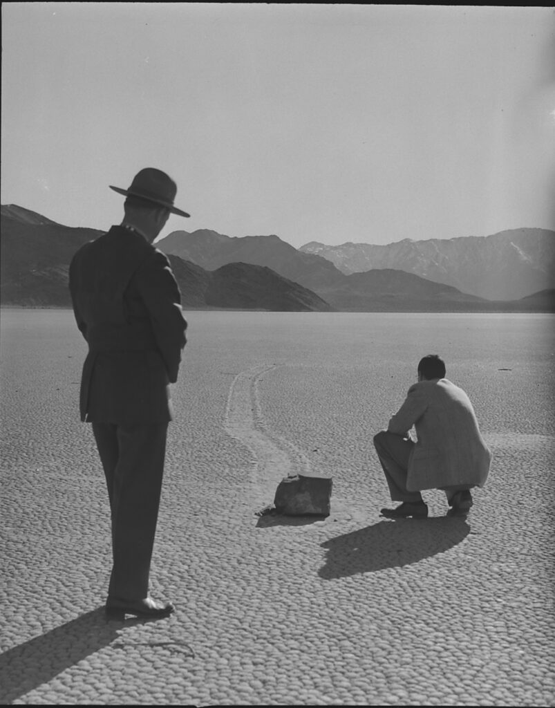 The "sailing stones" of the Racetrack Playa in Death Valley, California, 1952.