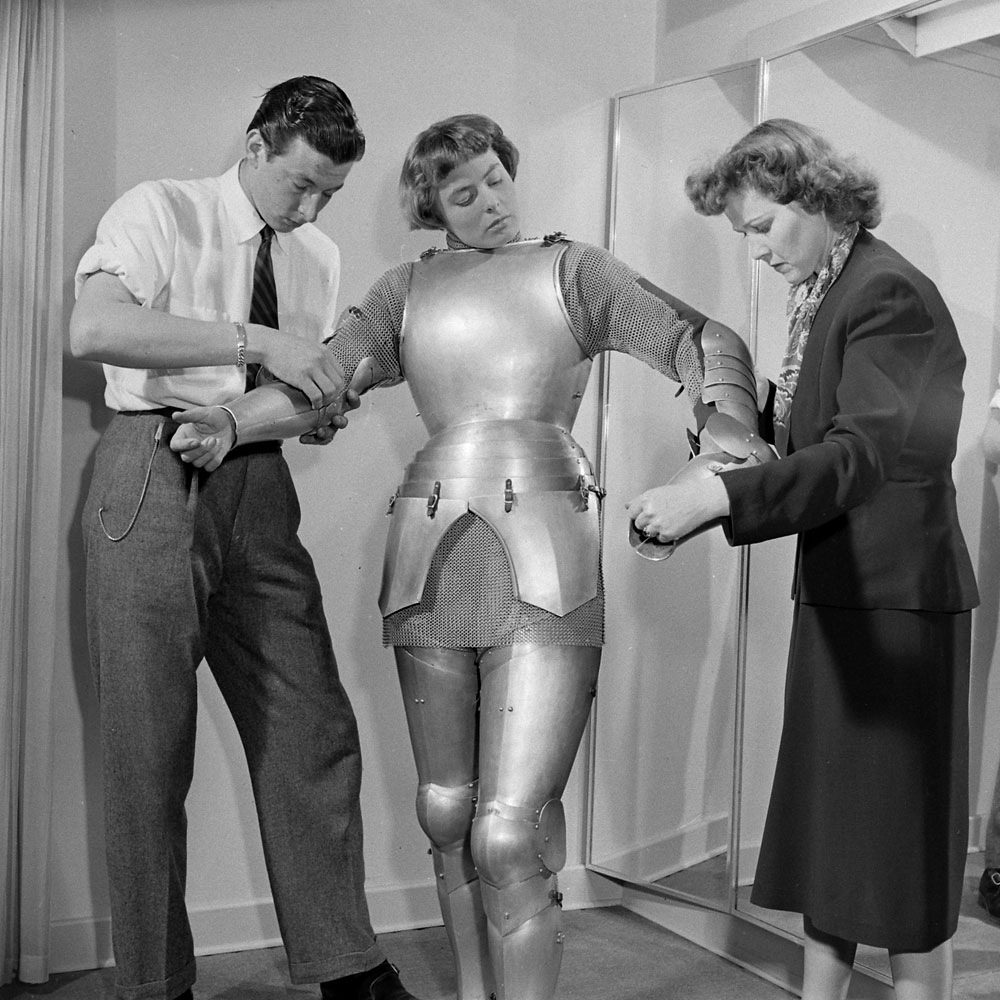 Ingrid Bergman dresses as Joan of Arc in the Broadway production of Maxwell Anderson's 1946 play, Joan of Lorraine, for which Bergman won a Tony.