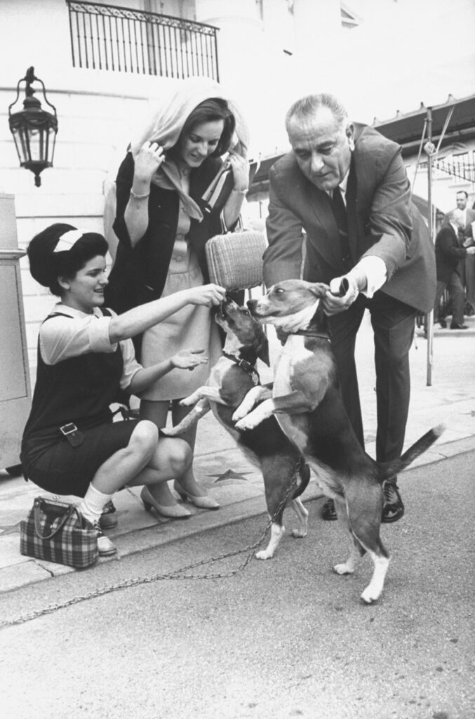 President Lyndon B. Johnson, along with his daughter Luci Baines Johnson (left) and her friend Warri Lynn Smith (center), played with the family beagles, 1964.